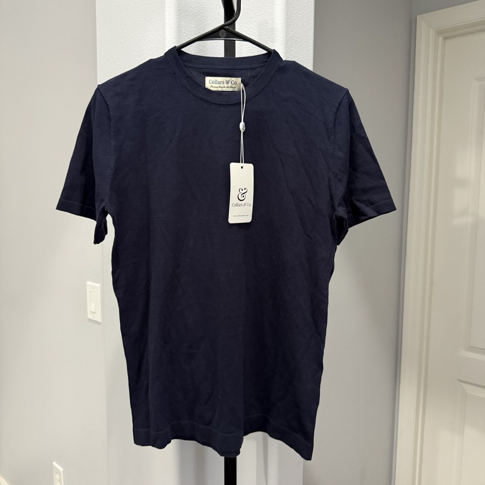 NWT Collars & Co Lucca Luxury Touch Cotton and Silk T-Shirt Navy Blue Size Small
